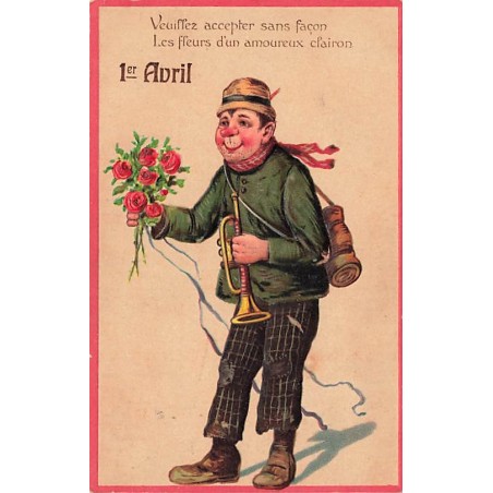 n°27277 - Carte Gaufrée - 1er Avril - Clochard apportant un bouquet de roses