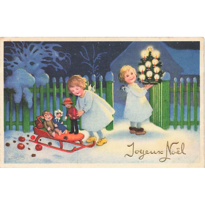 n°27278 - F. Baumgarten - Joyeux Noël - Anges apportant un sapin, et des poupées à l'aide d'une luge