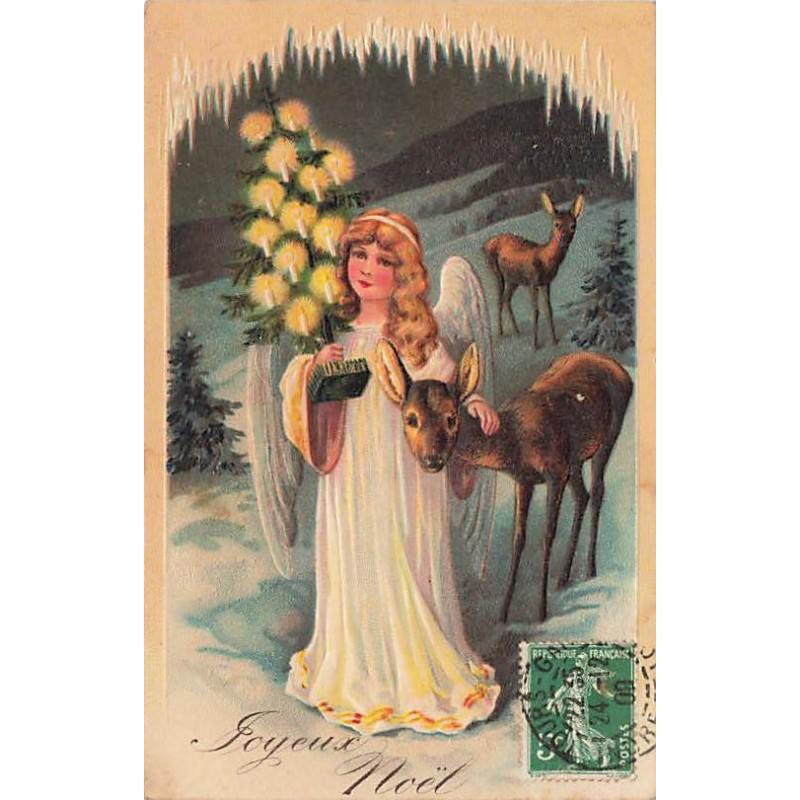 n°27281 - Carte Gaufrée - Joyeux Noël - Ange près d'une biche