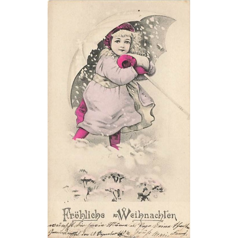 n°27284 - Noël - Fröhliche Weihnachten - Fillette se protégeant de la neige sous un parapluie