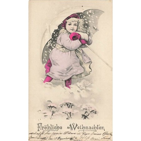 n°27284 - Noël - Fröhliche Weihnachten - Fillette se protégeant de la neige sous un parapluie