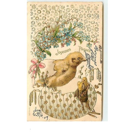 n°13041 - Carte Gaufrée - Joyeuses Pâques - Poussins et fleurs
