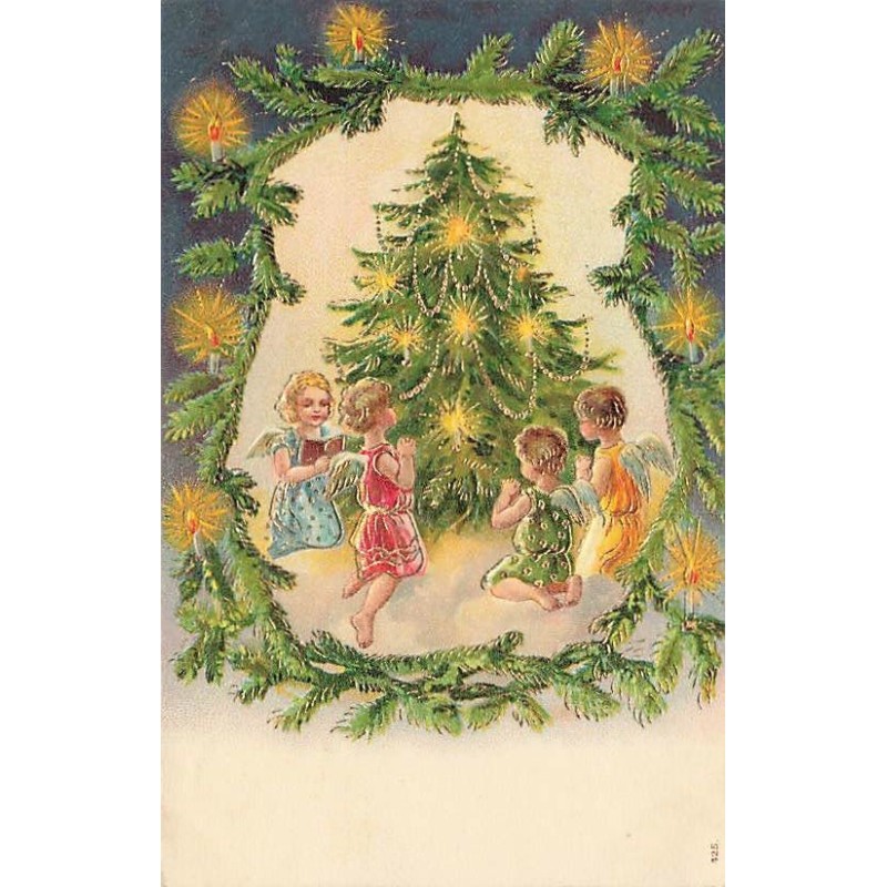 n°27288 - Carte Gaufrée - Noël - Anges priant autour d'un sapin
