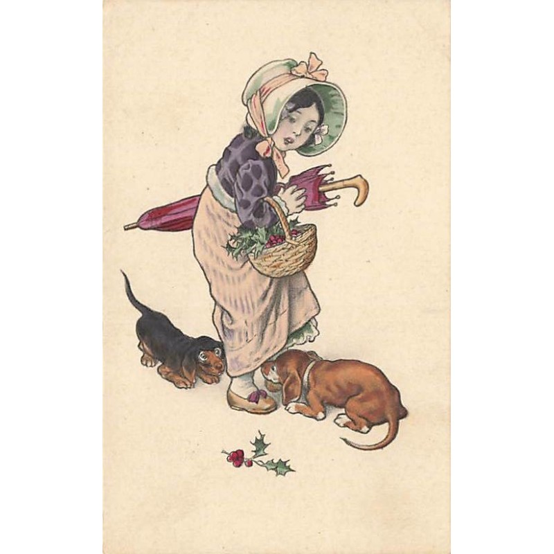 n°27294 - Fantaisie - Fillette avec des chiens près d'elle, dont un teckel