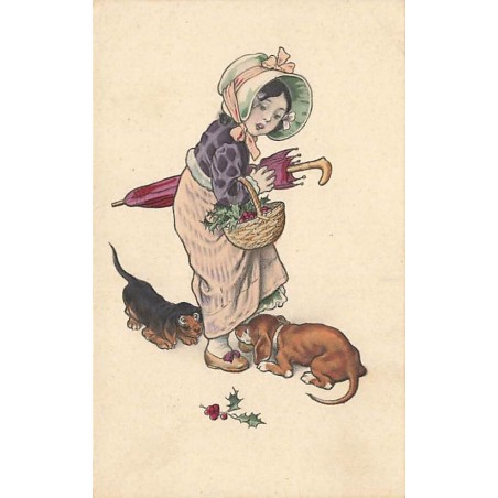 n°27294 - Fantaisie - Fillette avec des chiens près d'elle, dont un teckel
