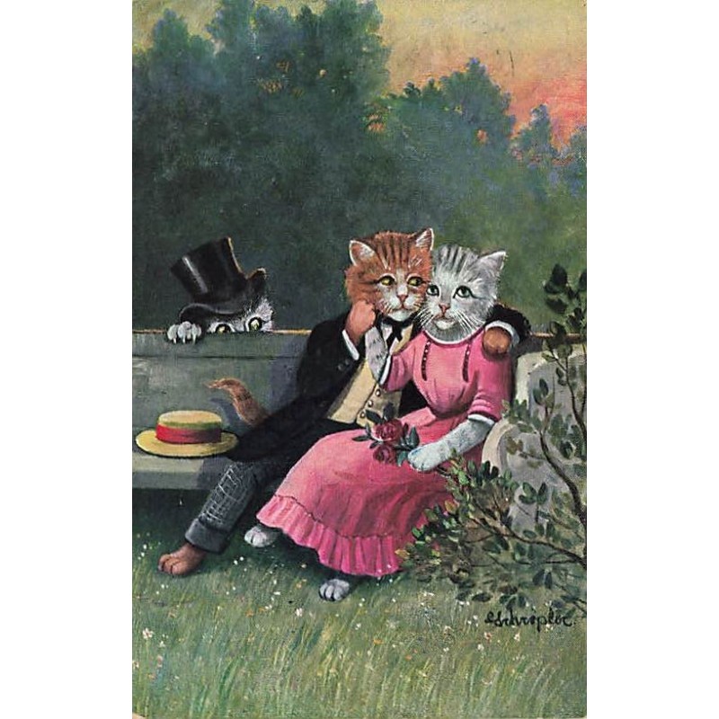n°27303 - Animaux habillés - Schröpler - Chat espionnant un couple de chat assis sur un banc