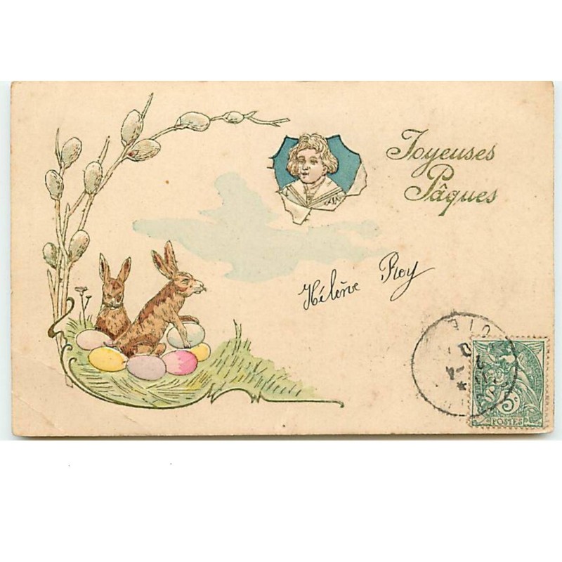 n°13043 - Carte Gaufrée - Joyeuses Pâques - Lapins et portrait d'un garçon