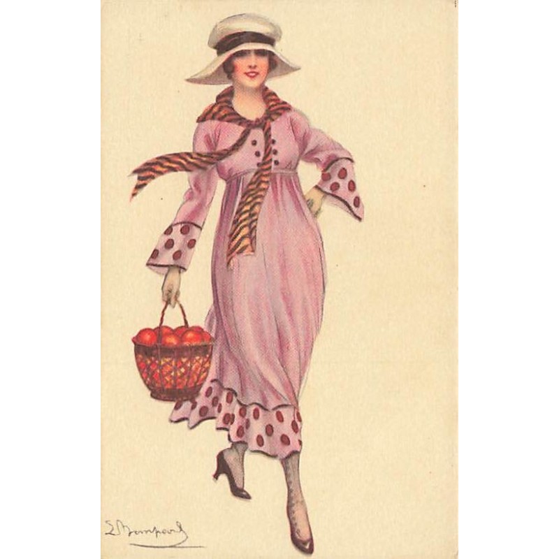 n°27305 - Illustrateur - S. Bompard - Jeune femme portant un panier rempli de pommes