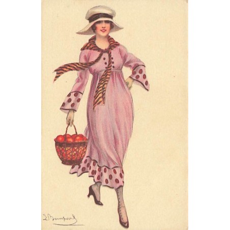 n°27305 - Illustrateur - S. Bompard - Jeune femme portant un panier rempli de pommes