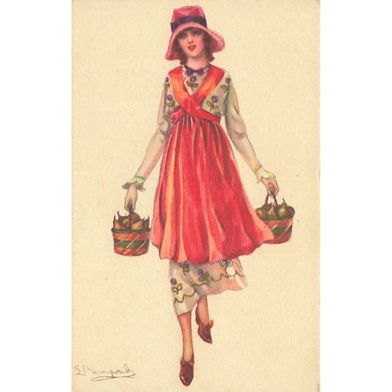 n°27307 - Illustrateur - S. Bompard - Jeune femme portant deux paniers remplis de poires
