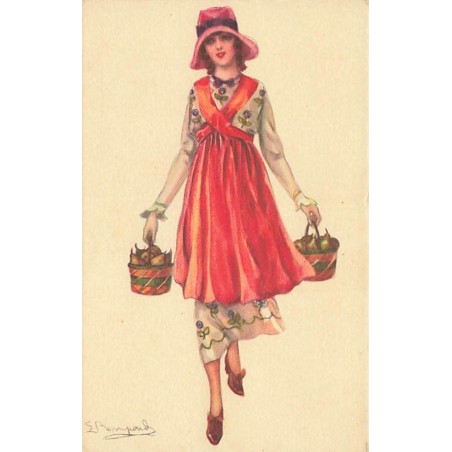 n°27307 - Illustrateur - S. Bompard - Jeune femme portant deux paniers remplis de poires