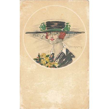 n°27310 - Illustrateur - Jeune femme portant un chapeau avec voilette (état)