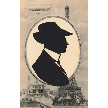 n°27316 - Silhouette - Homme portant un chapeau dans un médaillon avec au fond la Tour Eiffel, et un dirigeable