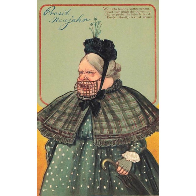 n°27319 - Carte Gaufrée - Série 8851 - Prosit Neujahr - Vieille femme portant une muselière