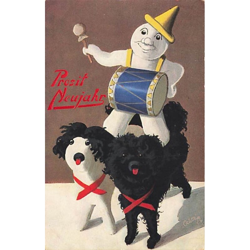 n°27320 - Oilette - Prosit Neujahr - Bonhomme de Neige humanisé jouant du tambour debout sur le dos de deux chiens