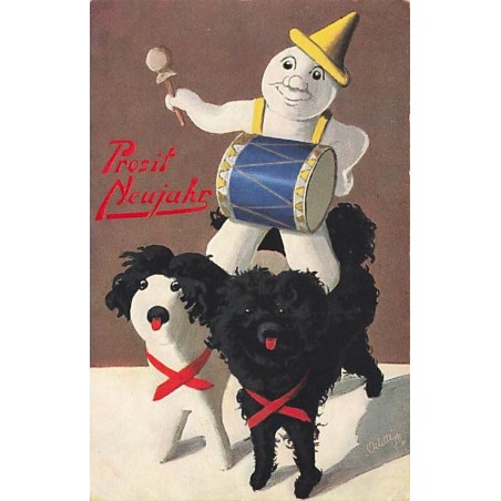 n°27320 - Oilette - Prosit Neujahr - Bonhomme de Neige humanisé jouant du tambour debout sur le dos de deux chiens