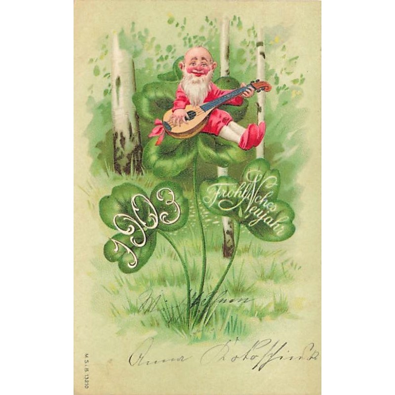 n°27321 - MSIB  13210 - Fröhliche Neujahr 1903 - Nain assis sur un trèfle, jouant de la mandoline