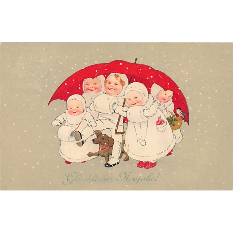 n°27324 - Nouvel An - Flatscher - MM Vienne 547 - Enfants avec un teckel se protégeant sous un parapluie de la neige