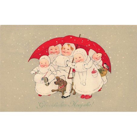 n°27324 - Nouvel An - Flatscher - MM Vienne 547 - Enfants avec un teckel se protégeant sous un parapluie de la neige
