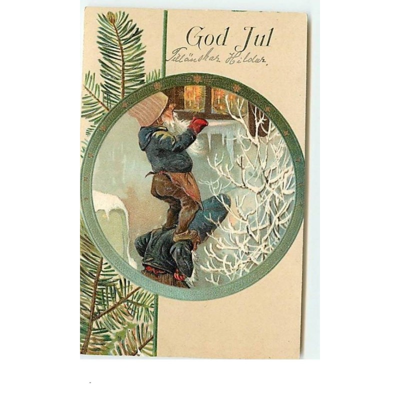 n°13045 - God Jul - Lutins regardant par une fenêtre