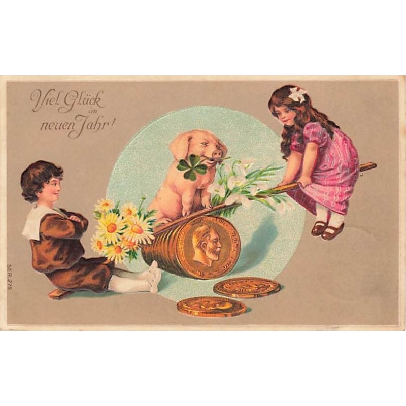 n°27325 - Carte Gaufrée - Nouvel An - Enfants jouant sur une balancelle avec un cochon - Pièces de monnaie