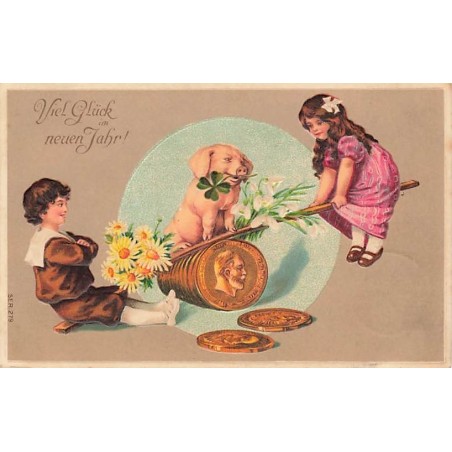 n°27325 - Carte Gaufrée - Nouvel An - Enfants jouant sur une balancelle avec un cochon - Pièces de monnaie