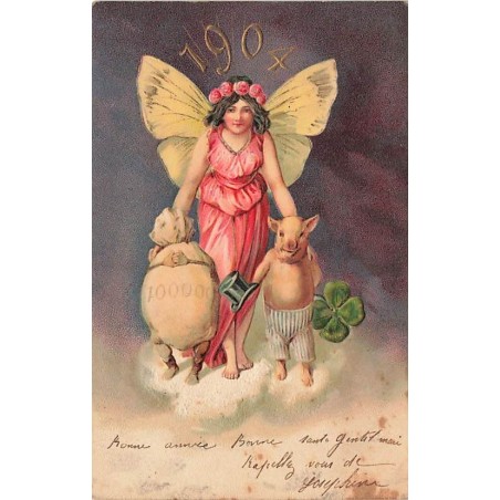 n°27326 - Carte Gaufrée - Nouvel An - 1904 - Fée avec un cochon, et un sac de pièces humanisé