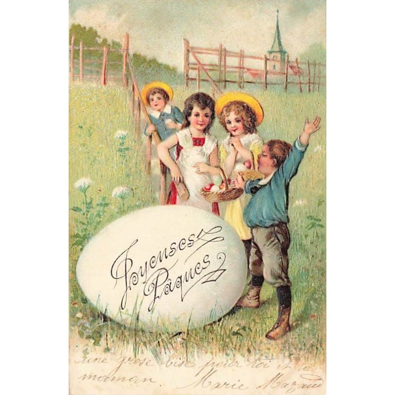 n°27330 - Carte Gaufrée - 3833 - Joyeuses Pâques - Enfants près d'un oeuf dans un pré