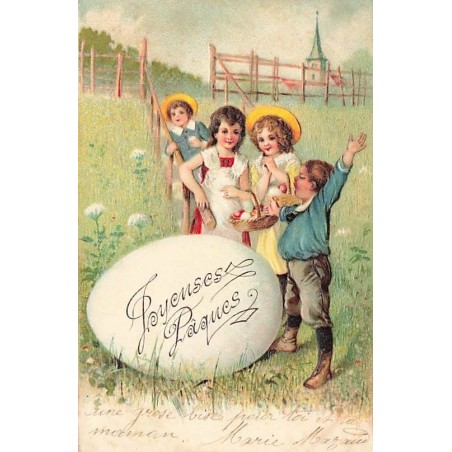 n°27330 - Carte Gaufrée - 3833 - Joyeuses Pâques - Enfants près d'un oeuf dans un pré