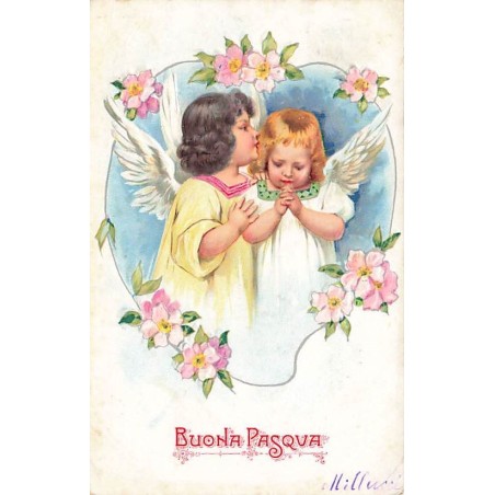 n°27332 - Carte Gaufrée - Buona Pasqua - Anges, l'un priant, l'autre lui chuchotant à l'oreille