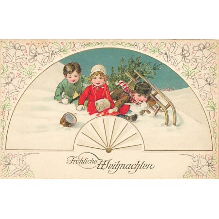 n°27334 - Carte Gaufrée - Noël - Fröhliche Weihnachten - Enfants tombés d'une luge