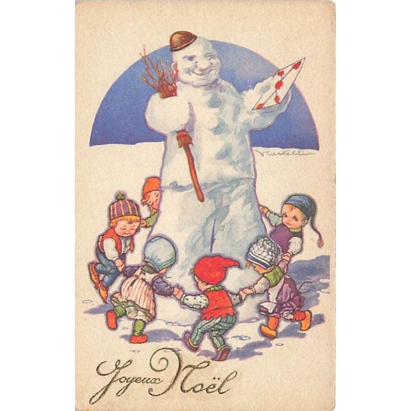 n°27337 - Joyeux Noël - Castelli - Enfants dansant autour d'un bonhomme de neige