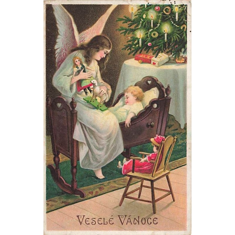 n°27339 - Noël - Veselé Vanoce - Ange Gardien tenant une poupée, et veillant sur un bébé endormi