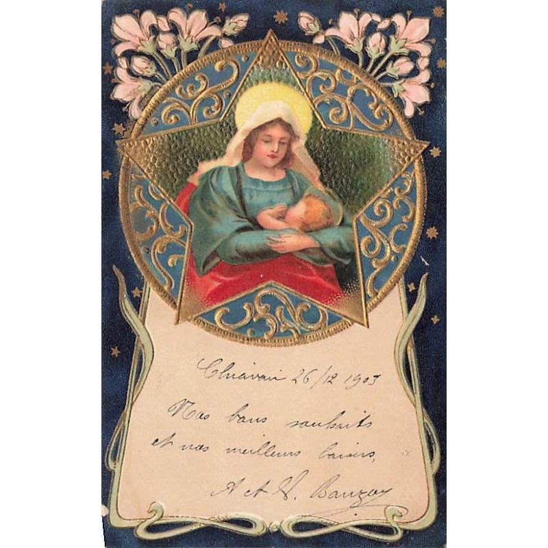 n°27341 - Carte Gaufrée - Noël - Femme veillant sur un bébé dans ses bras - Nativité