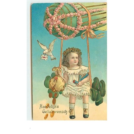 n°13048 - Hartelijke Gelukwensch - Fillette sous un ballon avec des pièces d'or - dirigeable