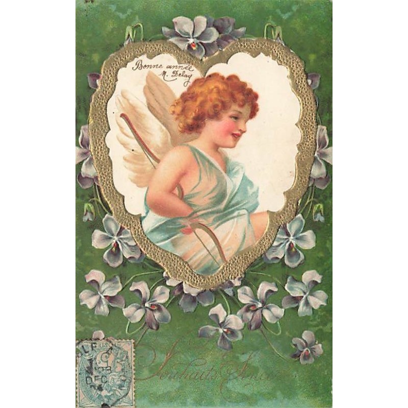 n°27346 - Carte Gaufrée - Clapsaddle - Cupidon, Ange dans un coeur entouré de violettes