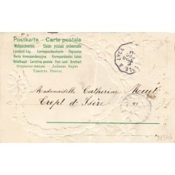 n°27346 - Carte Gaufrée - Clapsaddle - Cupidon, Ange dans un coeur entouré de violettes