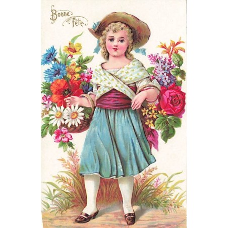 n°27350 - Carte Gaufrée - Fantaisie - Bonne Fête - Jeune fille portant des paniers remplis de fleurs