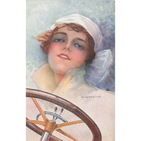 n°27353 - Illustrateur - C. Monestier - Jeune femme souriante au volant d'une voiture