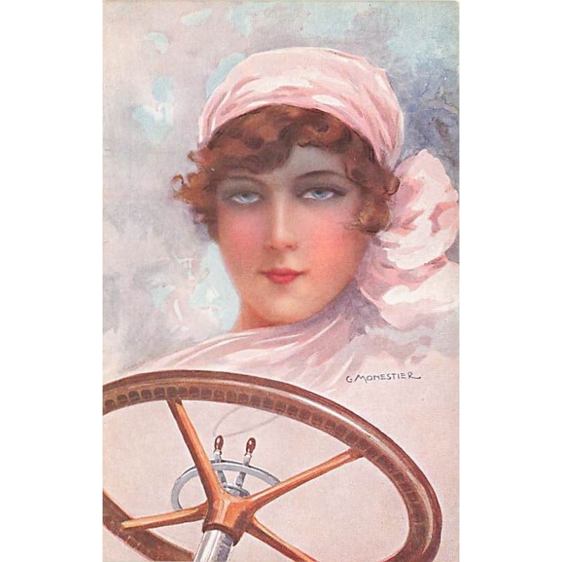 n°27354 - Illustrateur - C. Monestier - Jeune femme l'air songeuse au volant d'une voiture