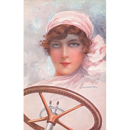 n°27354 - Illustrateur - C. Monestier - Jeune femme l'air songeuse au volant d'une voiture