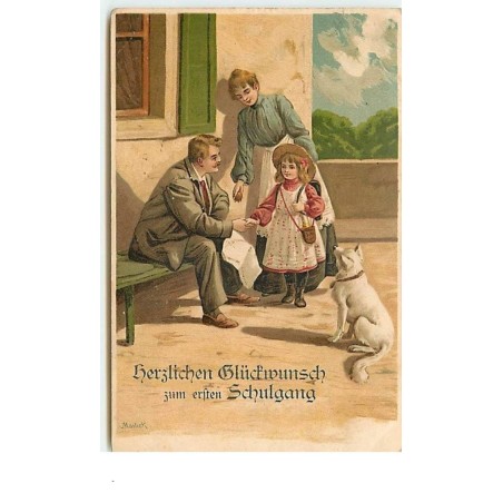 n°13049 - Mailick - Herzlichen Glücfwunsch zum erften Schulgang - Fillette et un couple - chien