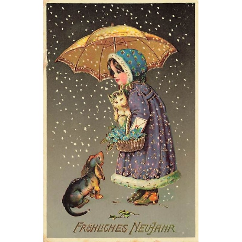n°27359 - Nouvel An - Fillette portant un chat se protégeant de la neige, sous le regard d'un teckel