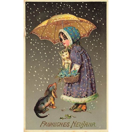 n°27359 - Nouvel An - Fillette portant un chat se protégeant de la neige, sous le regard d'un teckel