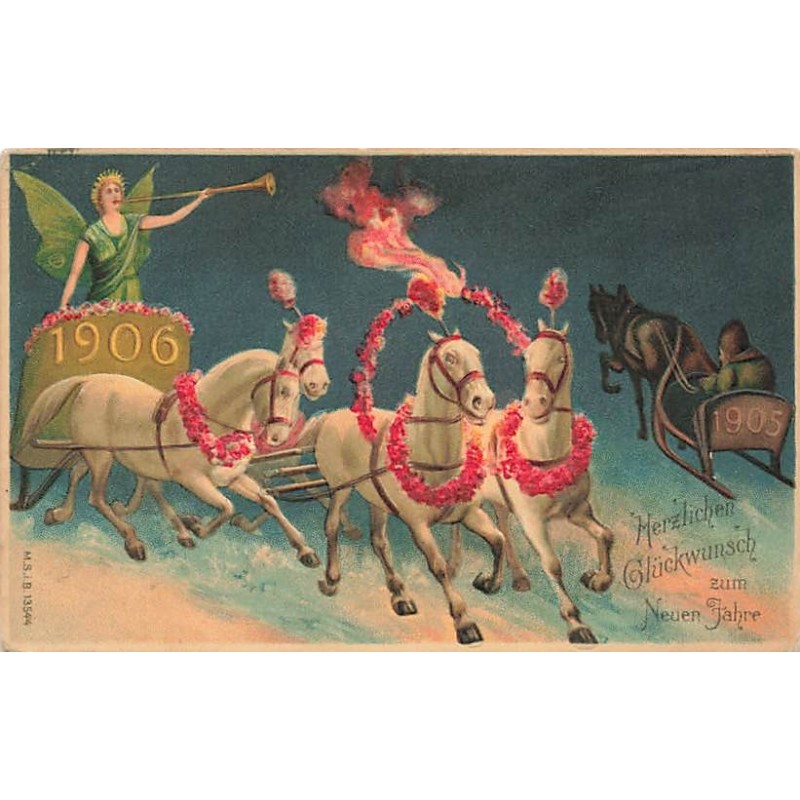 n°27365 - Carte Gaufrée - MSIB 13544 - Nouvel An 1906 - Attelage - Père Noël s'en allant