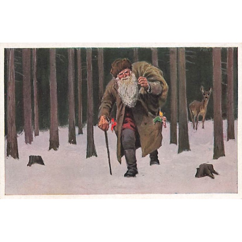 n°27366 - Noël - Paul Hey - Père Noël marchant dans la Forêt - Weihnachtfarte nr 9