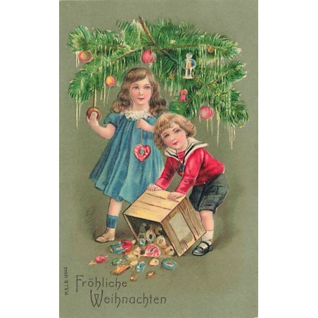 n°27369 - Carte Gaufrée - MSIB 13642 - Fröhliche Weihnachten - Enfants décorant un sapin