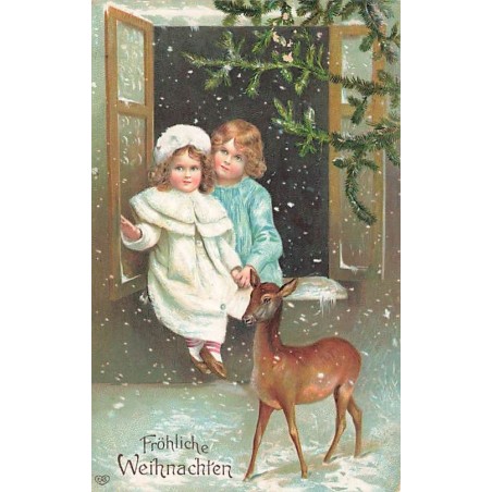 n°27370 - Carte Gaufrée - Fröhliche Weihnachten - Enfants assis sur le bord d'une fenêtre, regardant un faon