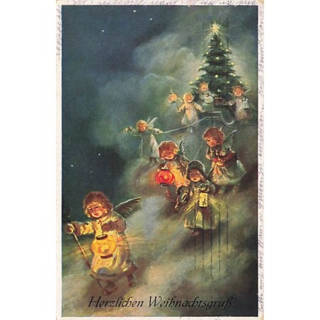 n°27376 - Noël - Herzlichen Weihnachtsgruss - Procession d'anges emmenant un sapin décoré