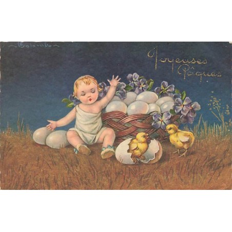 n°27382 - E. Colombo - Joyeuses Pâques - Bébé assis près d'un panier rempli d'oeufs